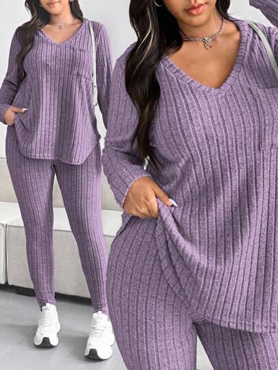 Vibekara Plus Size Casual Solid Color Textured Striped V-Neck Top And Pants Set Fall Cloth For Women