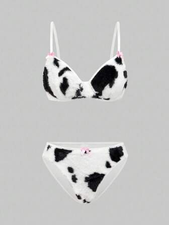 Kawaii Set di reggiseno morbido e senza ferretto, con motivo a mucca carino in peluche, per donne