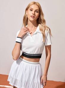 CourtClass Áo thun Polo thể thao dành cho nữ mùa xuân/hè, viền áo màu tương phản và họa tiết sọc in khẩu hiệu thể thao, cổ bẻ cài nút, tay ngắn lửng, thích hợp mặc thường ngày, chạy bộ, chơi tennis, chơi golf, tập gym - trắng - Xem 3