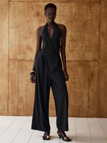 Lumivelle Women's Minimalist Halter Neck Solid Color Side Knot Wide Leg Jumpsuit - Black - View 4