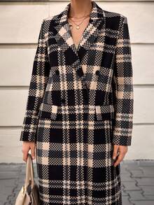 CLARA VERO Woman Check All Over Printed Front Button Up Pockets Long Sleeve Overcoat Lady Autumn Winter Chic Elegant Coat - Multicolor - View 7