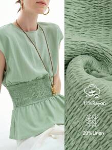 Aalyst Women's Casual Round Neck Waisted Solid Color Versatile Bat-Wing Short Sleeve Blouse, Spring/Summer