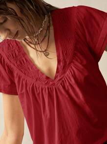 Bohemela 1pc Women Solid Color V-Neck Short Sleeve Loose Blouse Red V Neck Blouse Women Cotton Summer Tops For Women Women Summer Blouses Casual Red Tops For Women V Neck Summer Tops - Burgundy - View 7