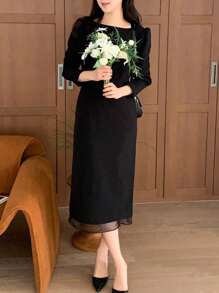 DAZY Women Elegant Contrast Mesh Mid-Length Dress,Fall Dress Long Sleeve Dress - Black - View 1