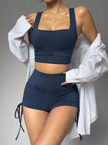 Sovereign Charm Bộ đồ thể thao tập luyện cho nữ, áo ba lỗ ngắn màu xanh navy và quần short - Màu xanh hải quân - Xem 3