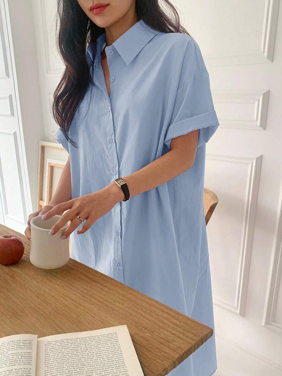 DAZY 女士宽松中长款短袖衬衫裙 夏季女装连衣裙 - 藍色 - 查看 1