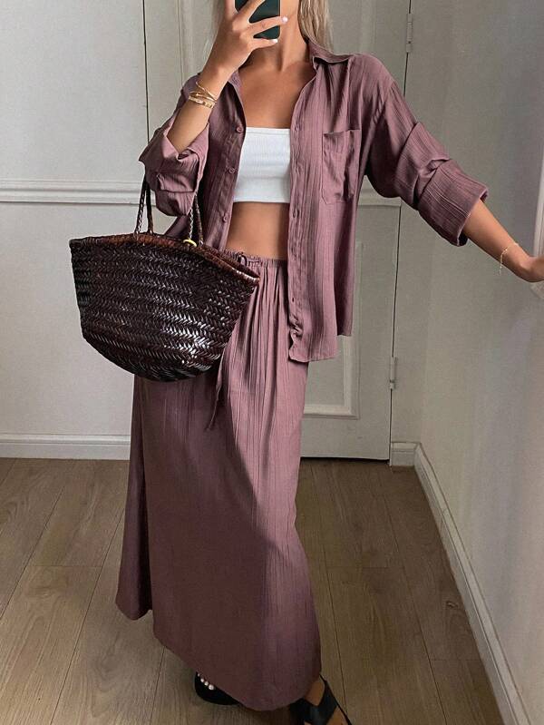 DAZY Damen Lässig Unifarben Bluse und Mini-Rock 2-teiliges Set, Frühling/Sommer