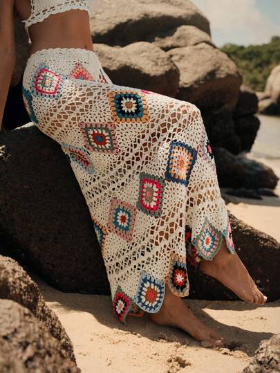 Anewsta Women's Crochet Hollow Out Knitted Cover Up Skirt For Summer Beach Vacation