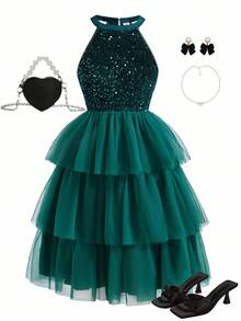 Sparklyn 少女优雅天鹅绒串珠无袖修身网眼蛋糕裙，秋冬奢华派对礼服 - 墨綠色 - 查看 7