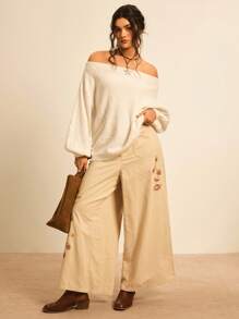 Freevana 大码女式露肩宽松长袖纯色套头毛衣