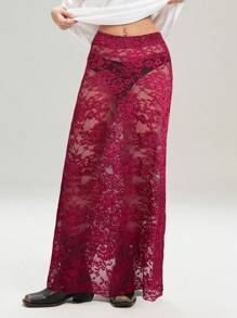 LYSMO 2025年新款女式花卉蕾丝长款时尚透明中长裙 - 酒紅色 - 查看 4