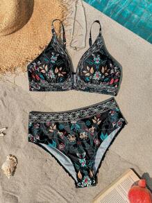 SHEIN VCAY Plus Size Vintage Floral Print Swimsuit Top Boho - Black - View 6