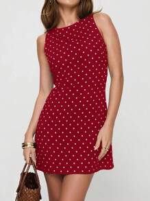 INAWLY Women's Round Neck Sleeveless Back Tie Allover Allover Polka Dot Print Casual Mini Dress - Red - View 2