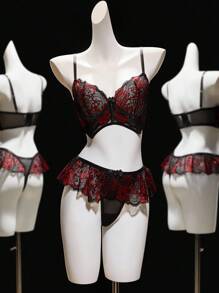 SHEIN 2 pièces/Set Soutien-gorge sexy matelassé en dentelle et tulle pour femmes - Multicolore - View 6