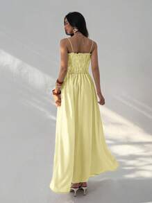 Aloruh Women's Solid Color Frill Trim Maxi Spaghetti Strap Dress, Vacation Style - Light Yellow - View 2