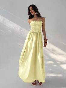 Aloruh Women's Solid Color Frill Trim Maxi Spaghetti Strap Dress, Vacation Style - Light Yellow - View 5