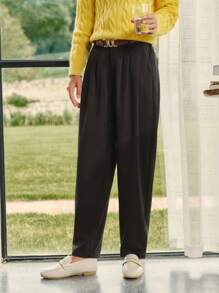 Briarwyn 女士休闲纯色梭织褶皱修身裤，不含腰带，秋季女士装，冬季女士装，返校装，教师女士装，复古女士装，老钱风格 - 巧克力棕 - 查看 7