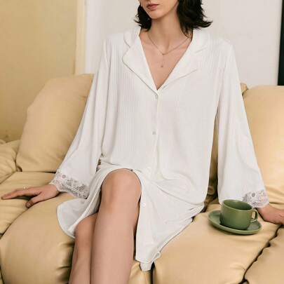여성용 심플하고 우아한 자수 레이스 패치워크 라펠 잠옷, 가을