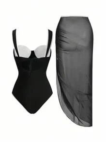 Swim Oasis 加大码 2 件女式沙滩泳衣和网眼裙套装，简约优雅纯色连体泳衣套装，适合春夏季外出装