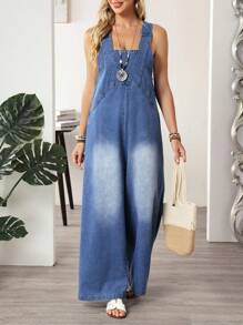 EMERY ROSE 女式休闲阔腿牛仔背带裤 - 藍色 - 查看 7