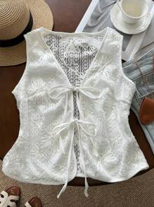 SHEIN LUNE Parte superior de punto de mujer con textura de jacquard floral 3D de unicolor, básica para uso diario y al aire libre, para combinar, para salir, para el aeropuerto, camisetas divertidas, vacaciones en la playa, linda - Blanco - Ver 1