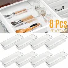 8pcs/Set Clear Drawer Organizers Plastic Storage Tray For Utensil Cutlery In Kitchen Desk Makeup Storage Bin Divider Decorations Autumn Decor Festival Decor Room Decor Home Decor Fall Decor Bedroom Decor - Clear - View 3