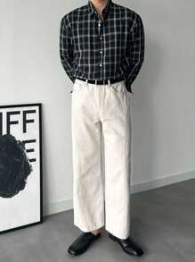 DAZY 男士格子纽扣长袖衬衫，适合春秋季 - 黑色 - 查看 4