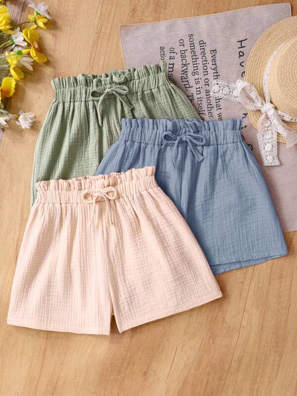 SHEIN TEENGirl's 3pcs Casual Summer Set: Woven Soft Dual-Layered Gauze Ruffle Shorts With Elastic Waist, Solid Color, Versatile And Breezy Cotton Shorts For Girls Summer Shorts For Girls Girls Shorts Kids Summer Shorts Toddler Girl Shorts Girls Cotton Shorts Girls Casual Shorts Little Girl Shorts