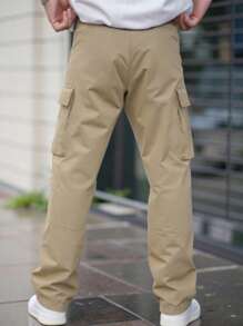 Manfinity Roughcore Men Multi-Pocket Casual Fashion Straight-Leg Utilitarian American Style Cargo Pants, Grey Cargo Pants With Back Pocket Men Tactical Work Pants Streetwear , Fall - Camel - View 2