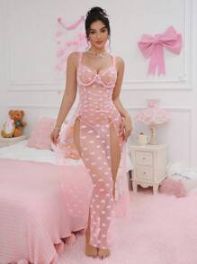 PetitDoll 2pcs Romantic Set: Long Slit Hem Pink Slip Dress With Mesh Insert & Camisole With T-Strap - Pink - View 1