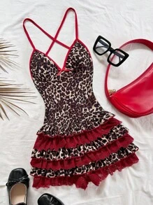 Soleia Women's Vacation Multi-Color Vintage Leopard Print & Red V-Neck Backless Crisscross Strap Leopard Pleat Ruffle Splice Contrast Red Lace Sexy Romper, Suitable For Dating, Afternoon Tea, Vacation, Music Festival, Bohemian Party, Carnival, Can Be Worn As Inner Wear Or Outerwear,Leopard Print,Back To School,Homecoming - Multicolor - View 3