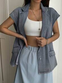 Livesso 女士牛仔翻领宽松休闲背心 - 藍色 - 查看 4