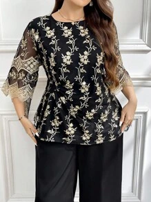 Ellevyn 两件套刺绣网眼上衣和裤子套装，优雅大码工作服