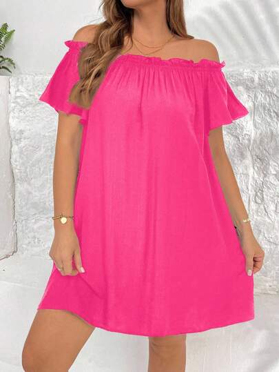 SHEIN Essnce Váy ngắn hở vai màu đen cỡ lớn thời trang xuân hè cho nữ, thoải mái, mát mẻ, đa năng, hàng ngày, trang phục đi nghỉ, Ibiza, mùa hè châu Âu, váy tiệc trà, váy đi biển cho nữ, trang phục ăn trưa cho nữ