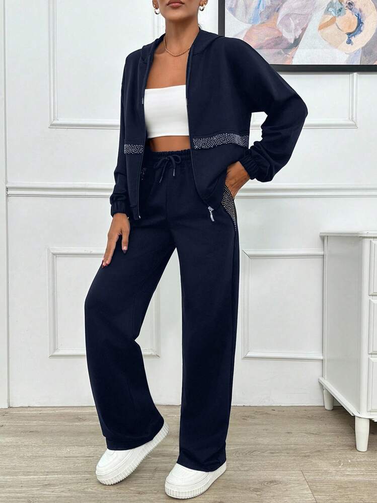 EURMUSE TWO PIECES TWO THREAD HOODIE SWEATHIRT AND SWEATPAT WITH SPARKLE STONE DETAIL - Navy Blue - View 4