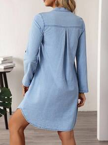 EMERY ROSE 女式V领卷边单排扣休闲牛仔连衣裙 - 藍色 - 查看 2