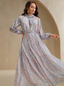 Anewsta 女式长款花卉印花休闲连衣裙，带花卉贴花领和长袖，松紧腰身，优雅度假春夏/复活节