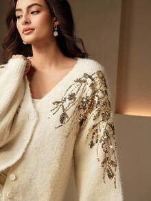 Anewsta 女士刺绣亮片灯笼袖针织开衫，秋冬 - 杏色 - 查看 7