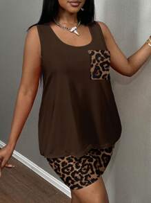 Slaydiva 休闲豹纹口袋圆领无袖宽松背心和紧身打底裤两件套，适合夏季，加大码两件套休闲套装女棕色豹纹套装适合外出秋装 - 棕色 - 查看 3