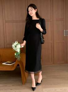 DAZY Women Elegant Contrast Mesh Mid-Length Dress,Fall Dress Long Sleeve Dress - Black - View 3