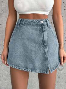 EURMUSE 100%Cotton Rigid, Slit Detailed Skort Fit - Baby Blue - View 7