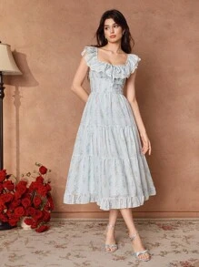 Savoree 浅蓝色优雅浪漫花卉印花雪纺蝴蝶结装饰荷叶边下摆甜美长裙，适合婚礼宾客，仙女裙，露肩 - 藍色 - 查看 3