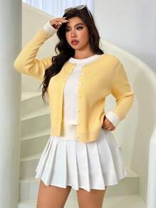 SHEIN EZwear 大码女式休闲长袖单排扣针织开衫 - 黃色 - 查看 4