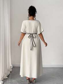 Elenzga Plus Size Women Elegant V-Neck Front Button Cinched Waist Contrast Color Casual Dress