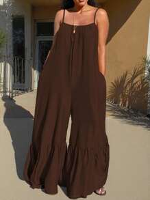 INAWLY 女式纯色褶皱口袋阔腿连体裤，时尚休闲，适合夏季 - 棕色 - 查看 3