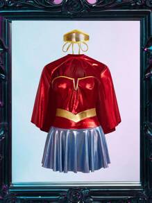 Fantasy Costume Set da 3 pezzi per taglie oversize: Abito uniforme da supereroe in ecopelle con scollo a V profondo + copricapo + mantello, abito da festa per club