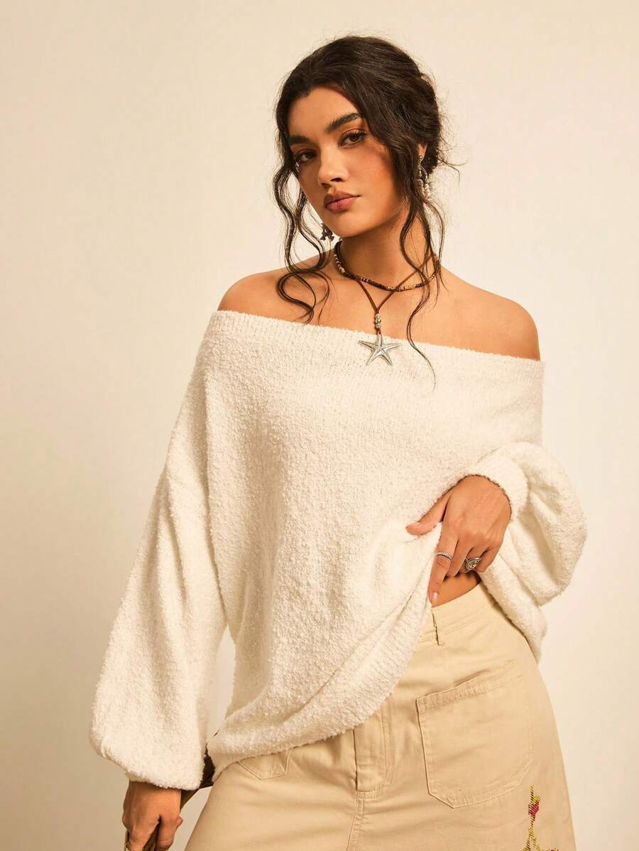 Freevana 大码女式露肩宽松长袖纯色套头毛衣