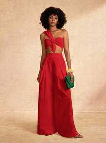 Zivah 新款春夏休闲优雅度假单肩胸前打结吊带设计后背短款上衣+阔腿超长裤白色梭织女两件套-A - 紅色 - 查看 1