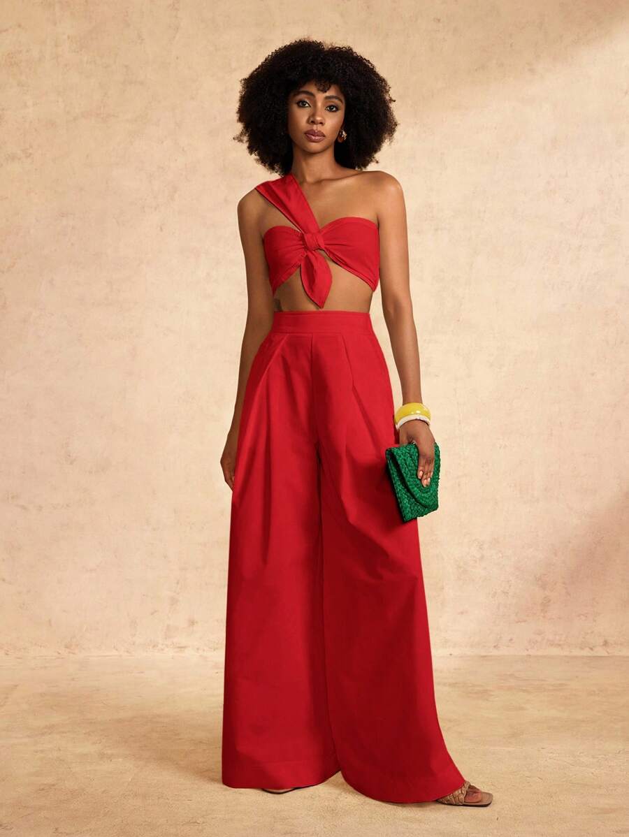 Zivah 新款春夏休闲优雅度假单肩胸前打结吊带设计后背短款上衣+阔腿超长裤白色梭织女两件套-A - 紅色 - 查看 1