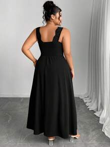 Elenzga 加大码 V 领撞色蕾丝吊带背心连衣裙，修身罗纹开衩喇叭裙 - 黑色 - 查看 2